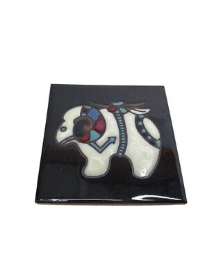 Cleo Teissedre Southwestern Native American Ceramic Tile Sheep Ram Fetish Trivet
